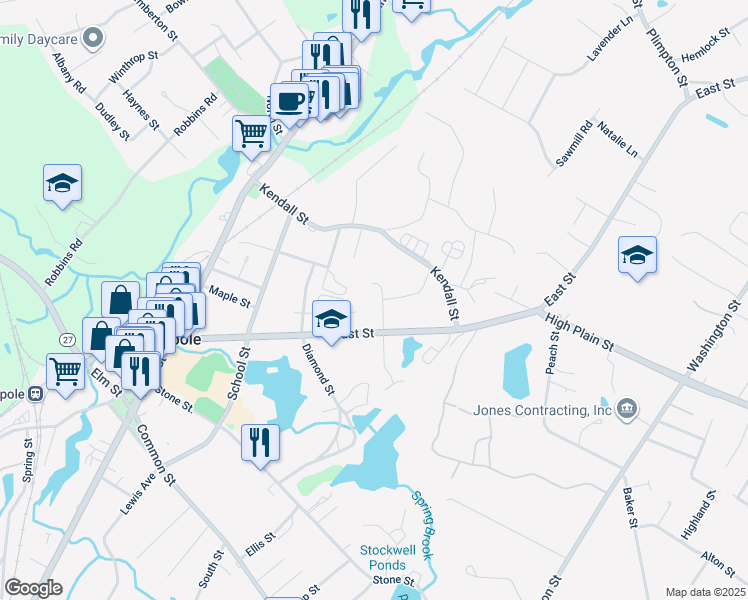 map of restaurants, bars, coffee shops, grocery stores, and more near 1 Norton Avenue in Walpole