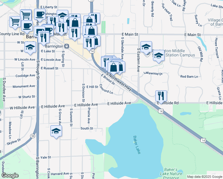 map of restaurants, bars, coffee shops, grocery stores, and more near 792 Concord Lane in Barrington