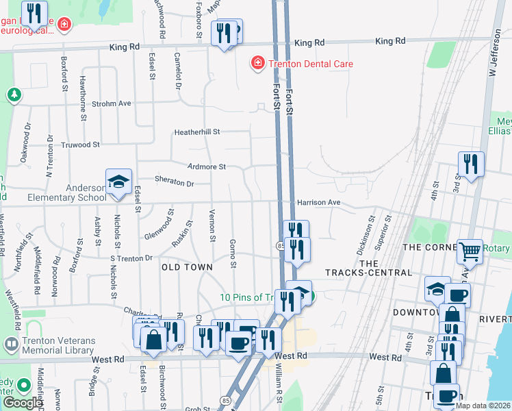 map of restaurants, bars, coffee shops, grocery stores, and more near 2205 Cambridge Street in Trenton
