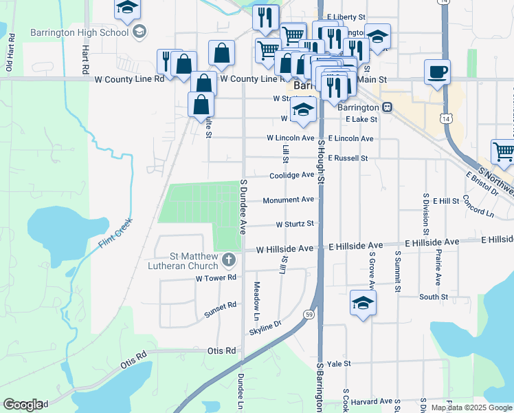 map of restaurants, bars, coffee shops, grocery stores, and more near 239 Monument Avenue in Barrington