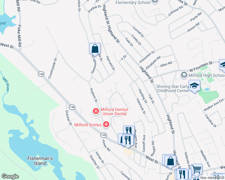 map of restaurants, bars, coffee shops, grocery stores, and more near 13 Country Club Lane in Milford