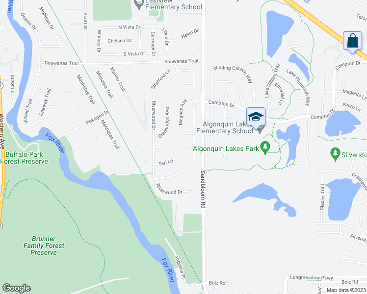 map of restaurants, bars, coffee shops, grocery stores, and more near 1520 Teri Lane in Algonquin