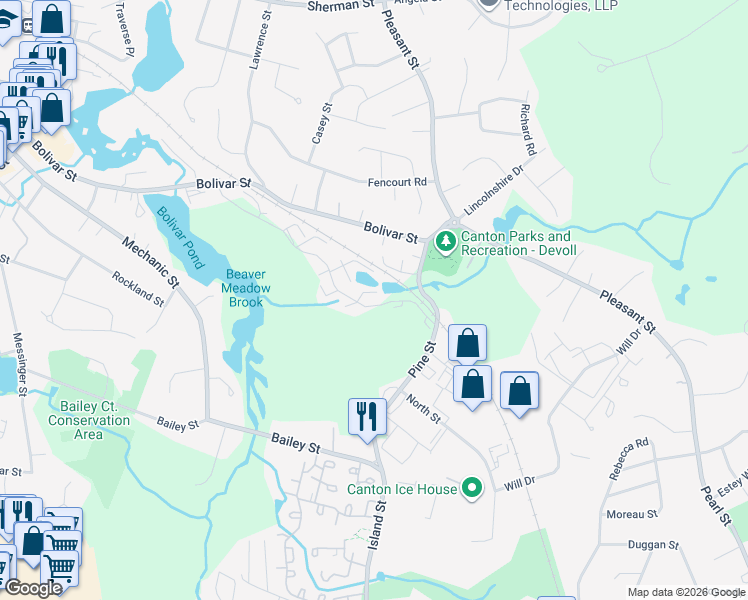 map of restaurants, bars, coffee shops, grocery stores, and more near 55 Waterfall Drive in Canton