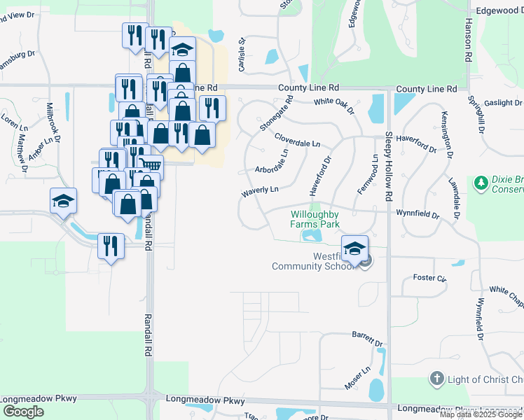 map of restaurants, bars, coffee shops, grocery stores, and more near 2 Stonegate Court in Algonquin
