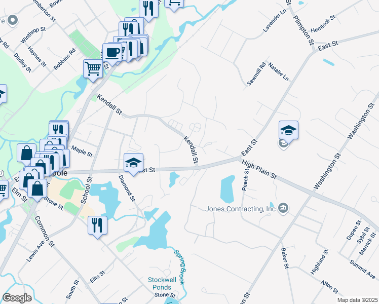 map of restaurants, bars, coffee shops, grocery stores, and more near 46-50 Kendall Street in Walpole
