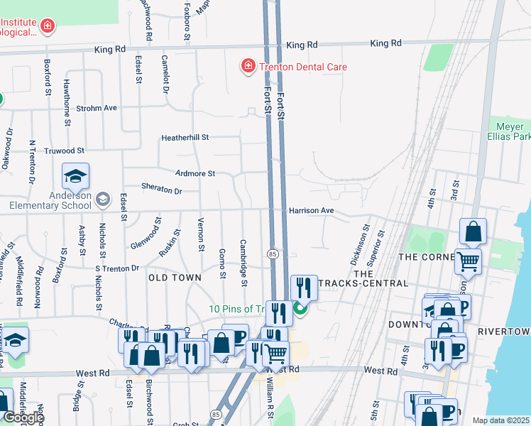 map of restaurants, bars, coffee shops, grocery stores, and more near 2211 Medford Street in Trenton