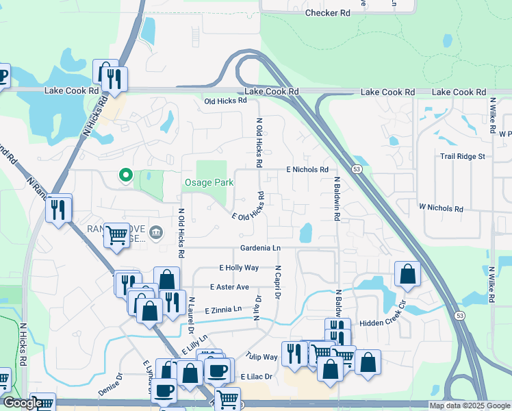 map of restaurants, bars, coffee shops, grocery stores, and more near 2119 Haig Court in Palatine