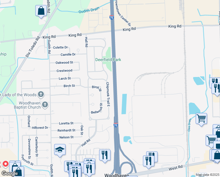 map of restaurants, bars, coffee shops, grocery stores, and more near 21793 Chipmunk Trail East in Trenton