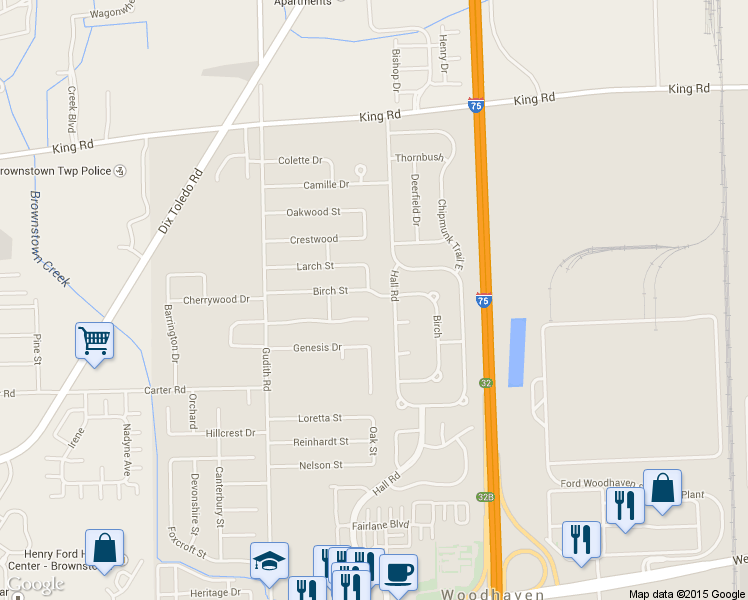 map of restaurants, bars, coffee shops, grocery stores, and more near 22031 Birch Street in Trenton