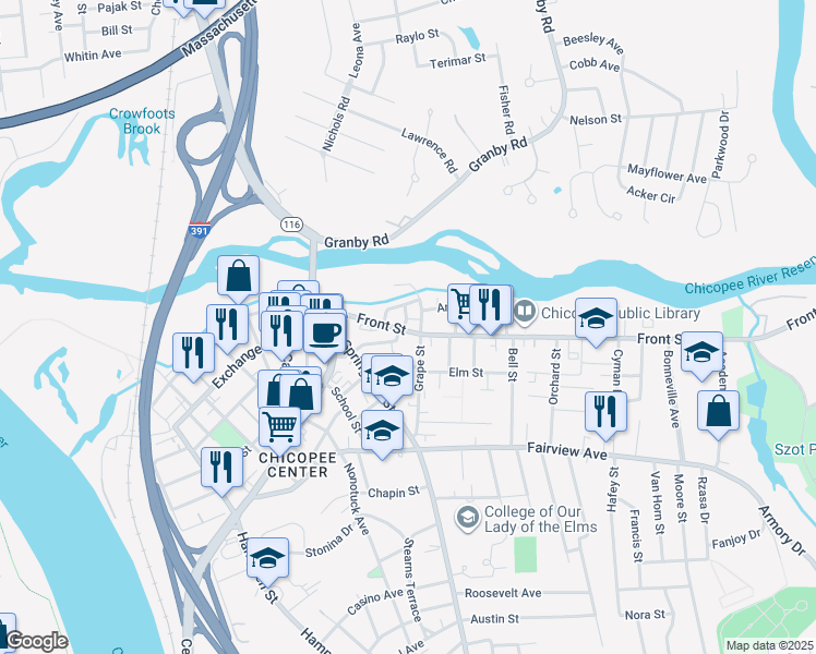 map of restaurants, bars, coffee shops, grocery stores, and more near 16 Parshley Avenue in Chicopee