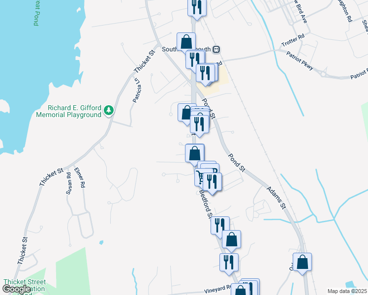 map of restaurants, bars, coffee shops, grocery stores, and more near 21 Eugene Way in Weymouth
