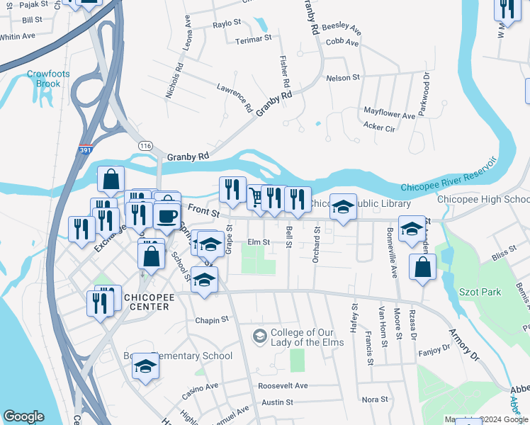 map of restaurants, bars, coffee shops, grocery stores, and more near 397 Front Street in Chicopee