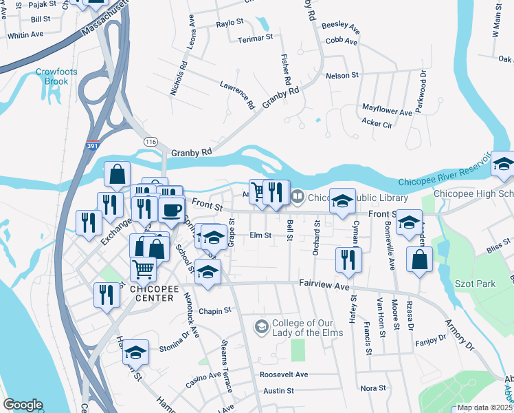 map of restaurants, bars, coffee shops, grocery stores, and more near 397 Front Street in Chicopee