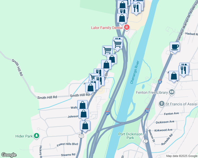 map of restaurants, bars, coffee shops, grocery stores, and more near 2 Norton Drive in Binghamton