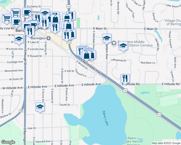map of restaurants, bars, coffee shops, grocery stores, and more near 792 Concord Lane in Barrington