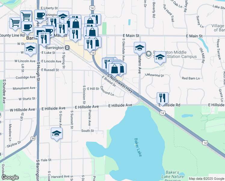 map of restaurants, bars, coffee shops, grocery stores, and more near 792 Concord Lane in Barrington