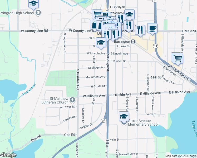 map of restaurants, bars, coffee shops, grocery stores, and more near 135 Monument Avenue in Barrington