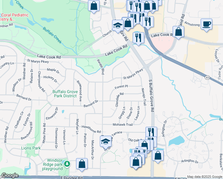 map of restaurants, bars, coffee shops, grocery stores, and more near 254 Forest Place in Buffalo Grove