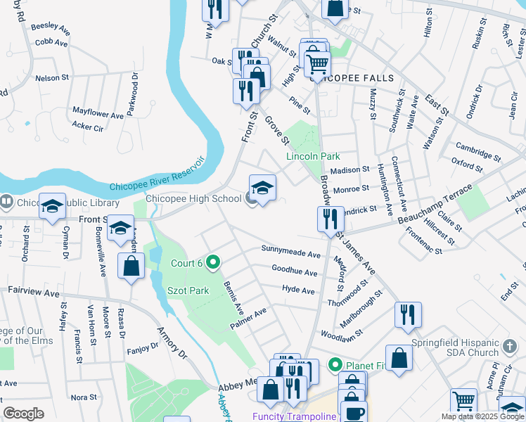 map of restaurants, bars, coffee shops, grocery stores, and more near 820 Front Street in Chicopee