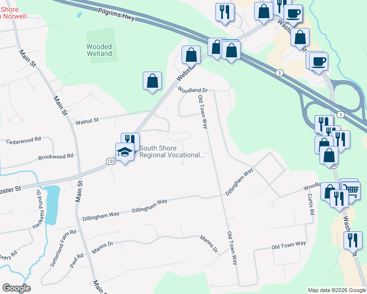 map of restaurants, bars, coffee shops, grocery stores, and more near 18 Hemlock Circle in Hanover