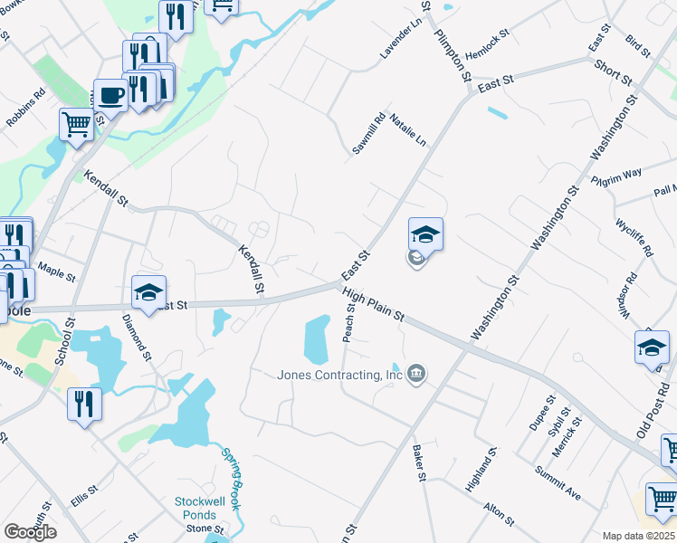 map of restaurants, bars, coffee shops, grocery stores, and more near 611 East Street in Walpole