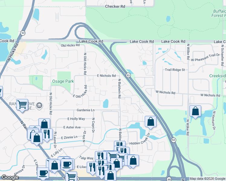 map of restaurants, bars, coffee shops, grocery stores, and more near 1176 Azalea Lane in Palatine