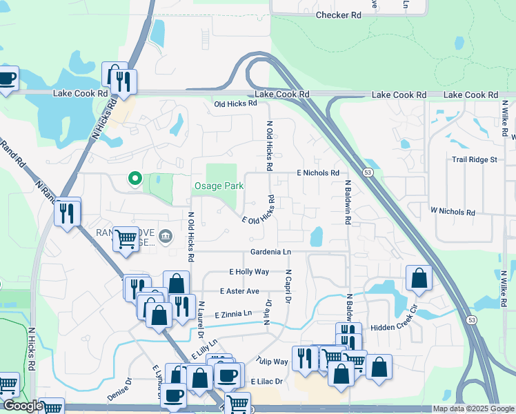 map of restaurants, bars, coffee shops, grocery stores, and more near 2119 Haig Court in Palatine