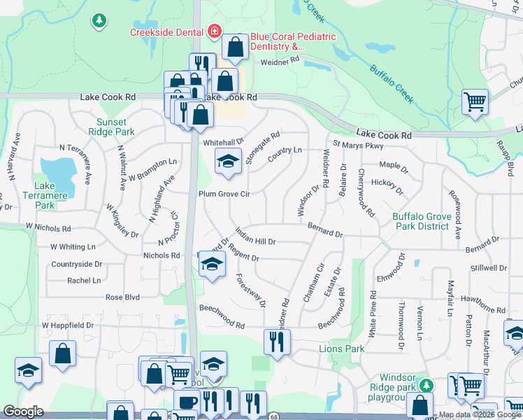 map of restaurants, bars, coffee shops, grocery stores, and more near 306 Terrace Place in Buffalo Grove