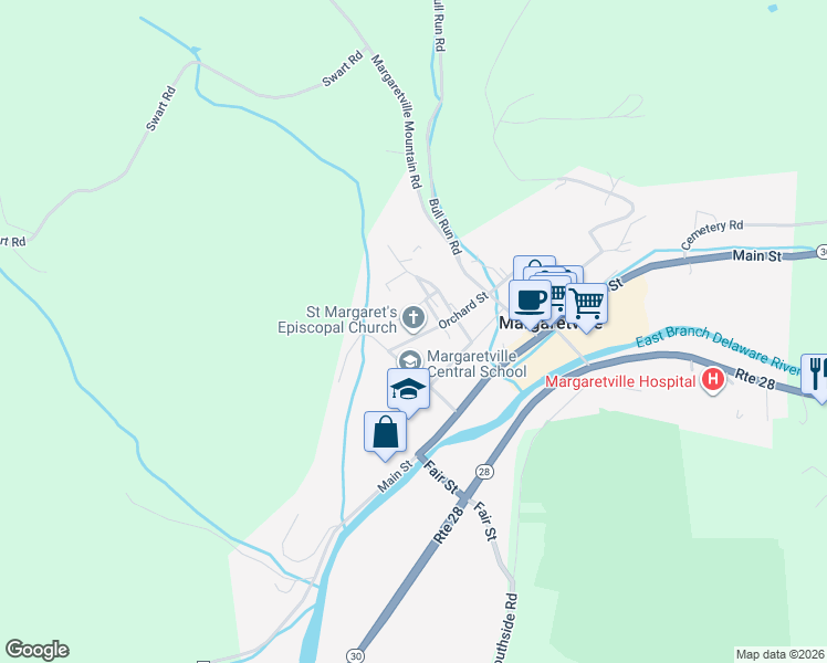 map of restaurants, bars, coffee shops, grocery stores, and more near 63 Orchard Street in Margaretville