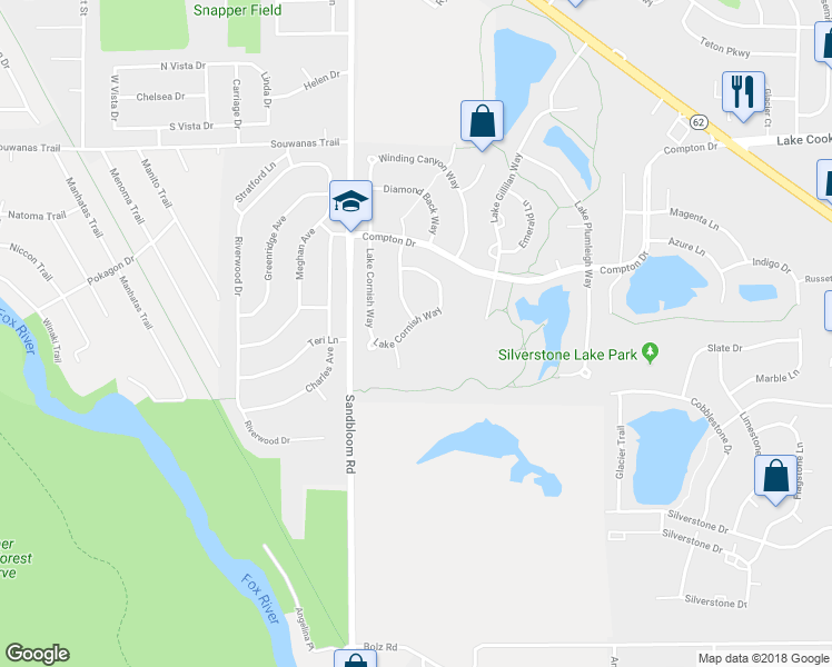 map of restaurants, bars, coffee shops, grocery stores, and more near 721 Lake Cornish Way in Algonquin