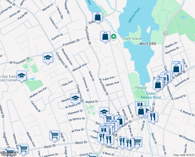 map of restaurants, bars, coffee shops, grocery stores, and more near 34 Purchase Street in Milford