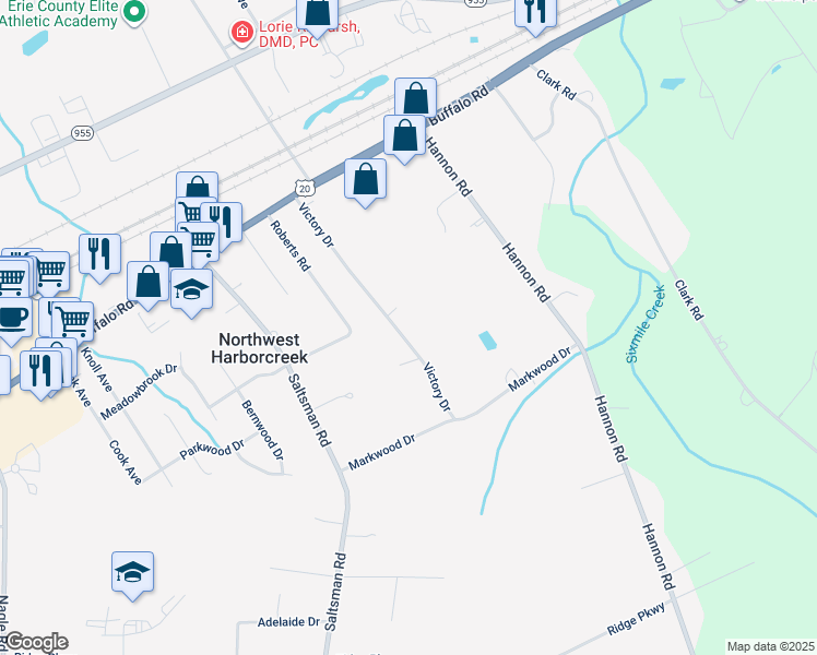 map of restaurants, bars, coffee shops, grocery stores, and more near 2295 Victory Dr in Erie