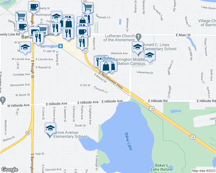 map of restaurants, bars, coffee shops, grocery stores, and more near 792 Concord Lane in Barrington