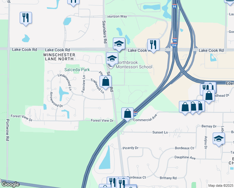 map of restaurants, bars, coffee shops, grocery stores, and more near 224 Estate Court in Northbrook