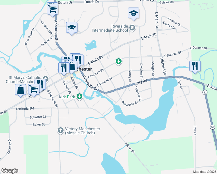 map of restaurants, bars, coffee shops, grocery stores, and more near 354 Wolverine Street in Manchester