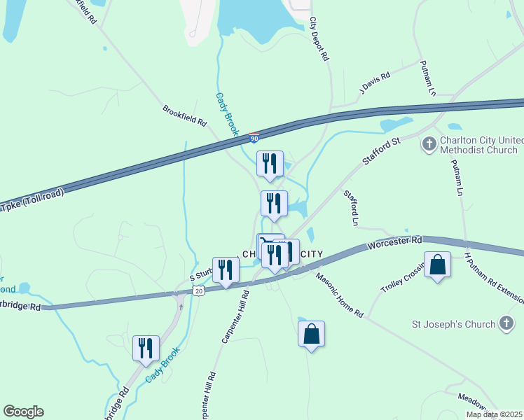 map of restaurants, bars, coffee shops, grocery stores, and more near 1 South Sturbridge Road in Charlton