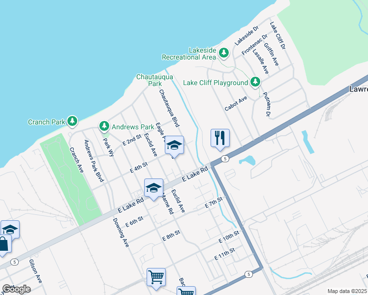 map of restaurants, bars, coffee shops, grocery stores, and more near 402 Chautauqua Boulevard in Erie