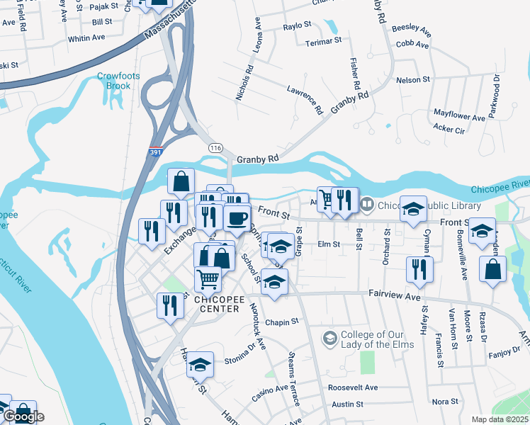 map of restaurants, bars, coffee shops, grocery stores, and more near 288 Front Street in Chicopee