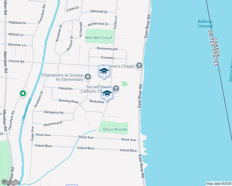 map of restaurants, bars, coffee shops, grocery stores, and more near 21599 Parke Lane in Grosse Ile Township