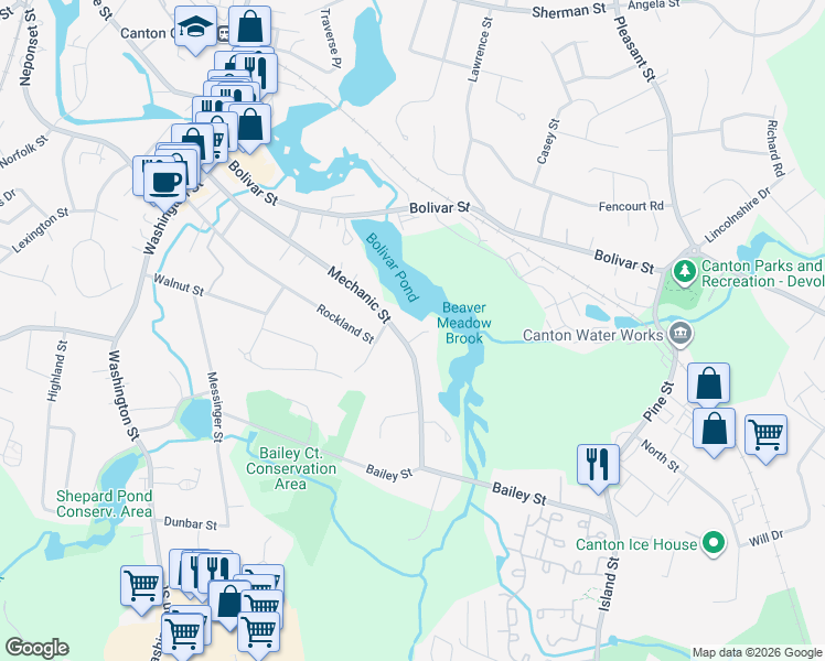 map of restaurants, bars, coffee shops, grocery stores, and more near 266 Mechanic St in Canton