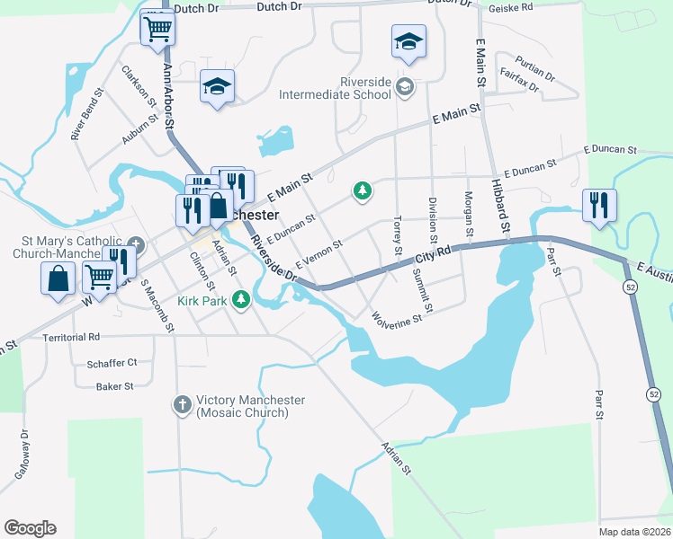 map of restaurants, bars, coffee shops, grocery stores, and more near 354 Wolverine Street in Manchester