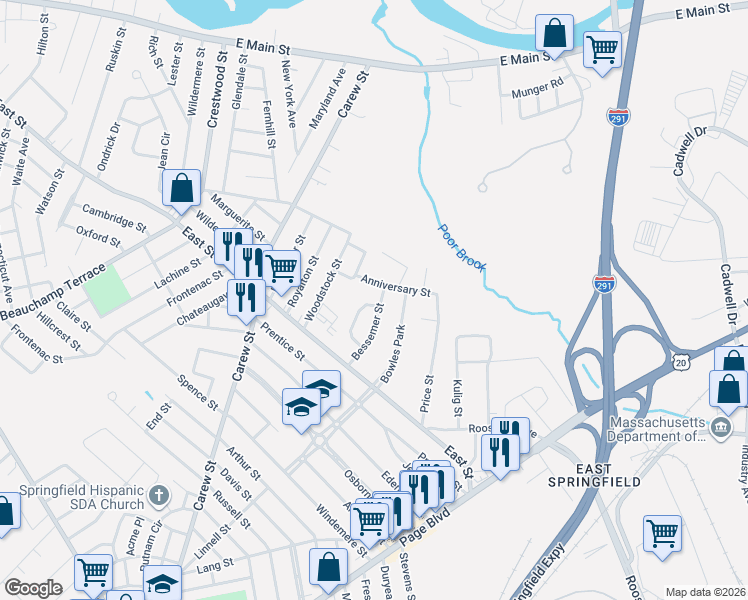 map of restaurants, bars, coffee shops, grocery stores, and more near 68 Beaufort Circle in Springfield