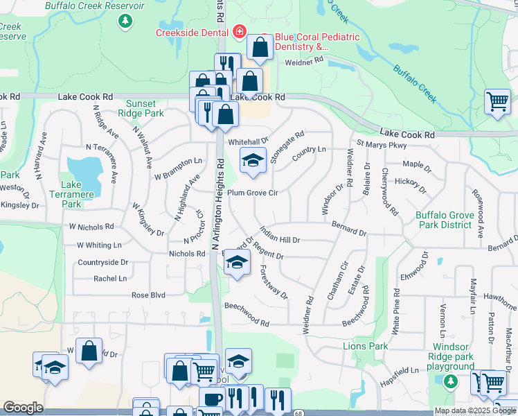 map of restaurants, bars, coffee shops, grocery stores, and more near 307 Indian Hill Drive in Buffalo Grove
