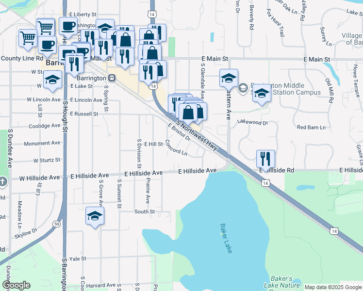 map of restaurants, bars, coffee shops, grocery stores, and more near 746 Concord Lane in Barrington