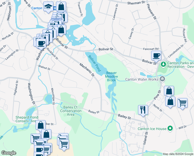 map of restaurants, bars, coffee shops, grocery stores, and more near 266 Mechanic Street in Canton