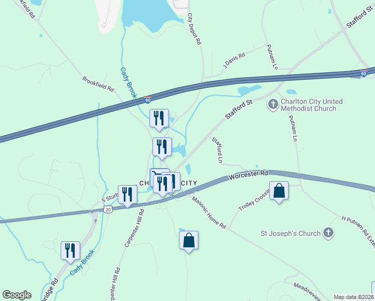 map of restaurants, bars, coffee shops, grocery stores, and more near 31 Stafford Street in Charlton
