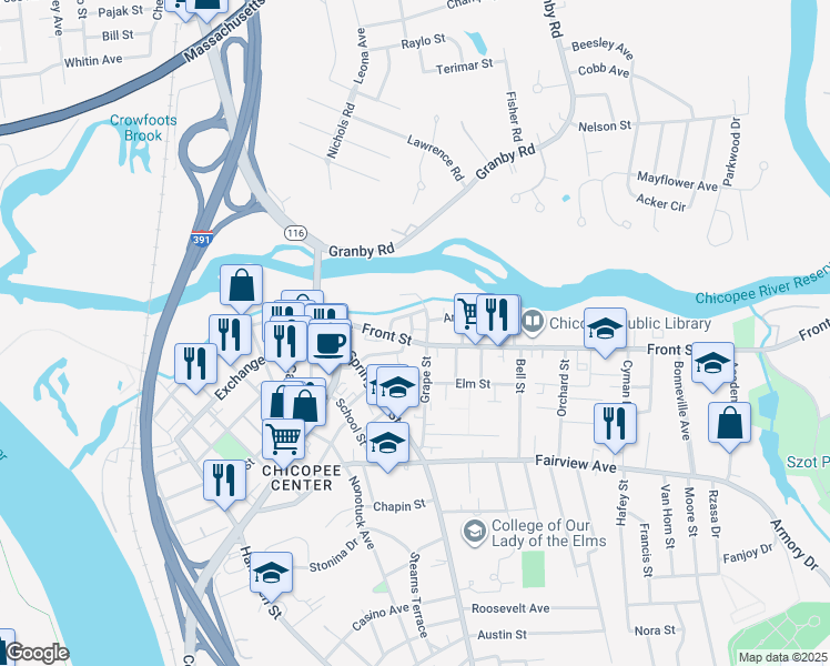 map of restaurants, bars, coffee shops, grocery stores, and more near 313 Front Street in Chicopee