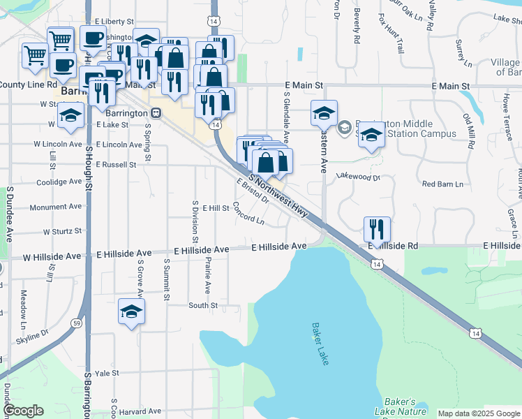 map of restaurants, bars, coffee shops, grocery stores, and more near 792 Concord Lane in Barrington