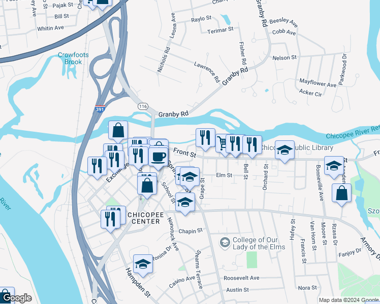 map of restaurants, bars, coffee shops, grocery stores, and more near 313 Front Street in Chicopee