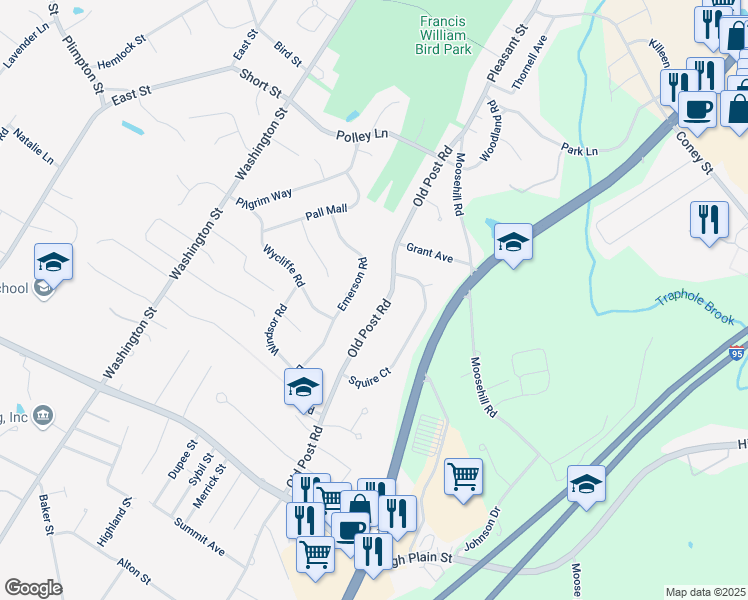 map of restaurants, bars, coffee shops, grocery stores, and more near 47 Old Post Rd in Walpole